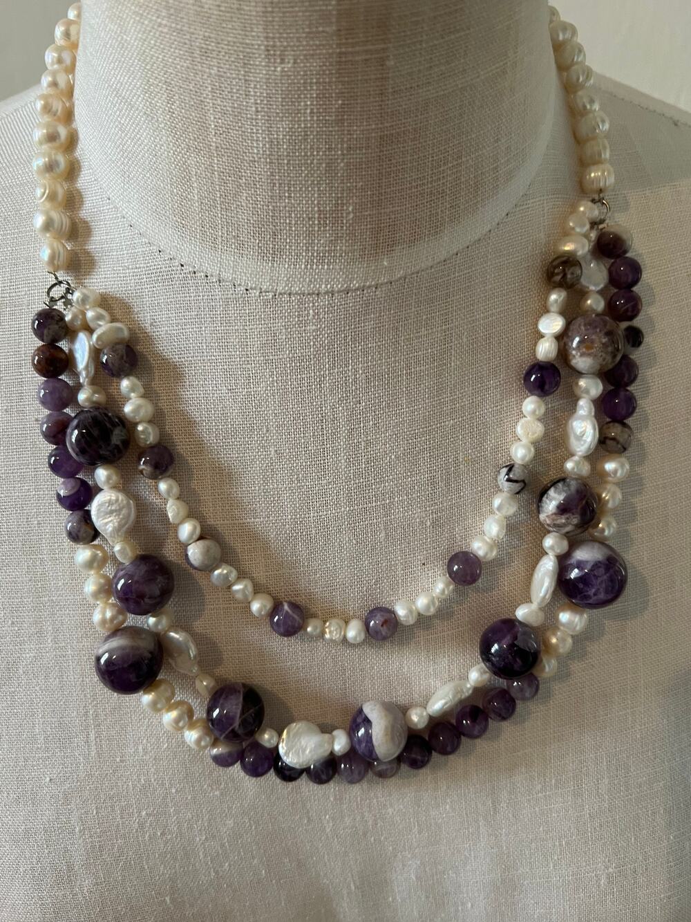 Pearl and Amethyst Stone Three stand Statement necklace sterling 925